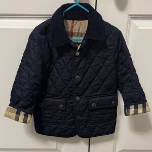 Burberry Navy Quilted Pea Coat with Check Trim